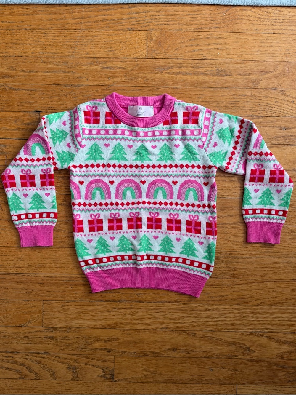 H&M Girls Pink, Green & White Holiday Sweater 3/4T